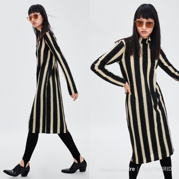 Zara Gold Black Contrast Stripe Shift Knit Dress S - Picture 2 of 4